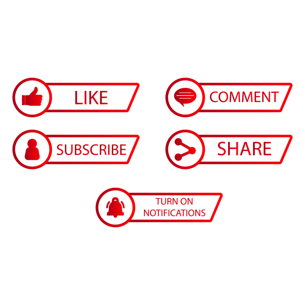Subscribe button collection PNG design. Red and white color subscribe button bundle on a transparent background. Social media button image with like, share, and comment sections.