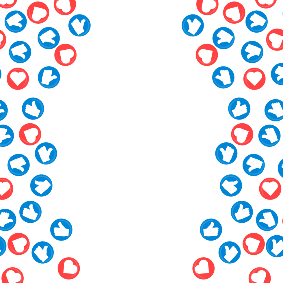 Social media beautiful frame design with red love and blue like shapes. Social media frame element PNG. Frame design with cute love shapes for social media posts on transparent background. png