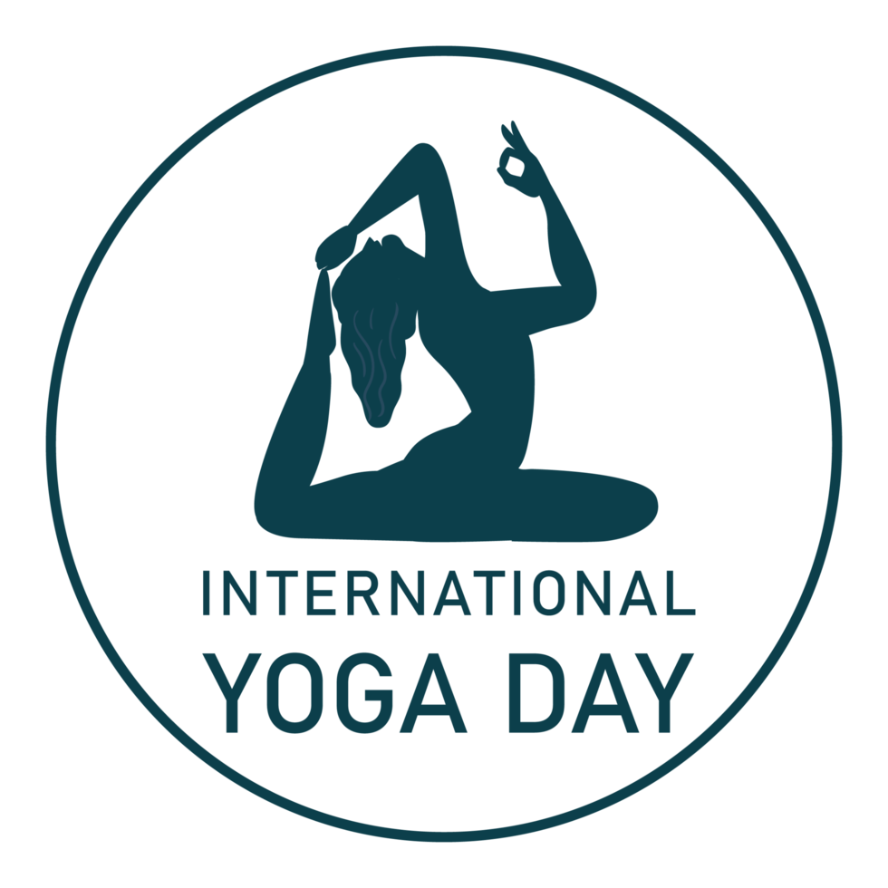 Women doing yoga logo for international yoga day on transparent background. 21 June yoga day PNG design image. Beautiful yoga day logo design with lotus flower.