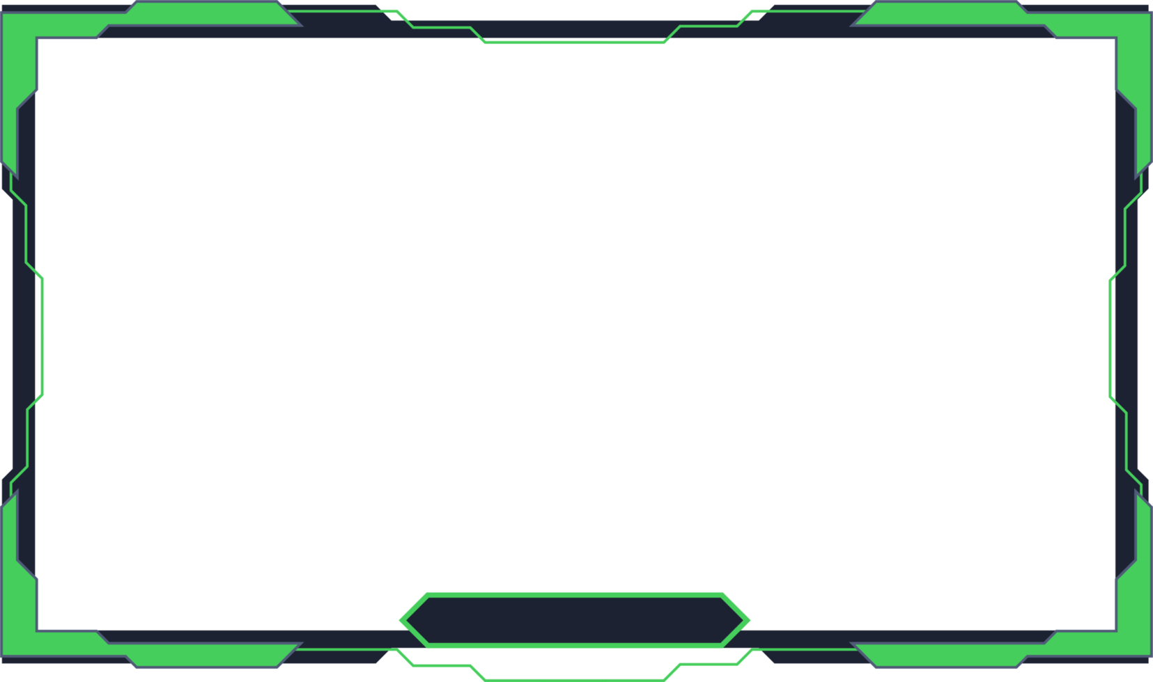 Green screen overlay image on a transparent background. Live gaming screen panel and frame design with light effect. Creative streaming overlay PNG with screen border for online gamers.