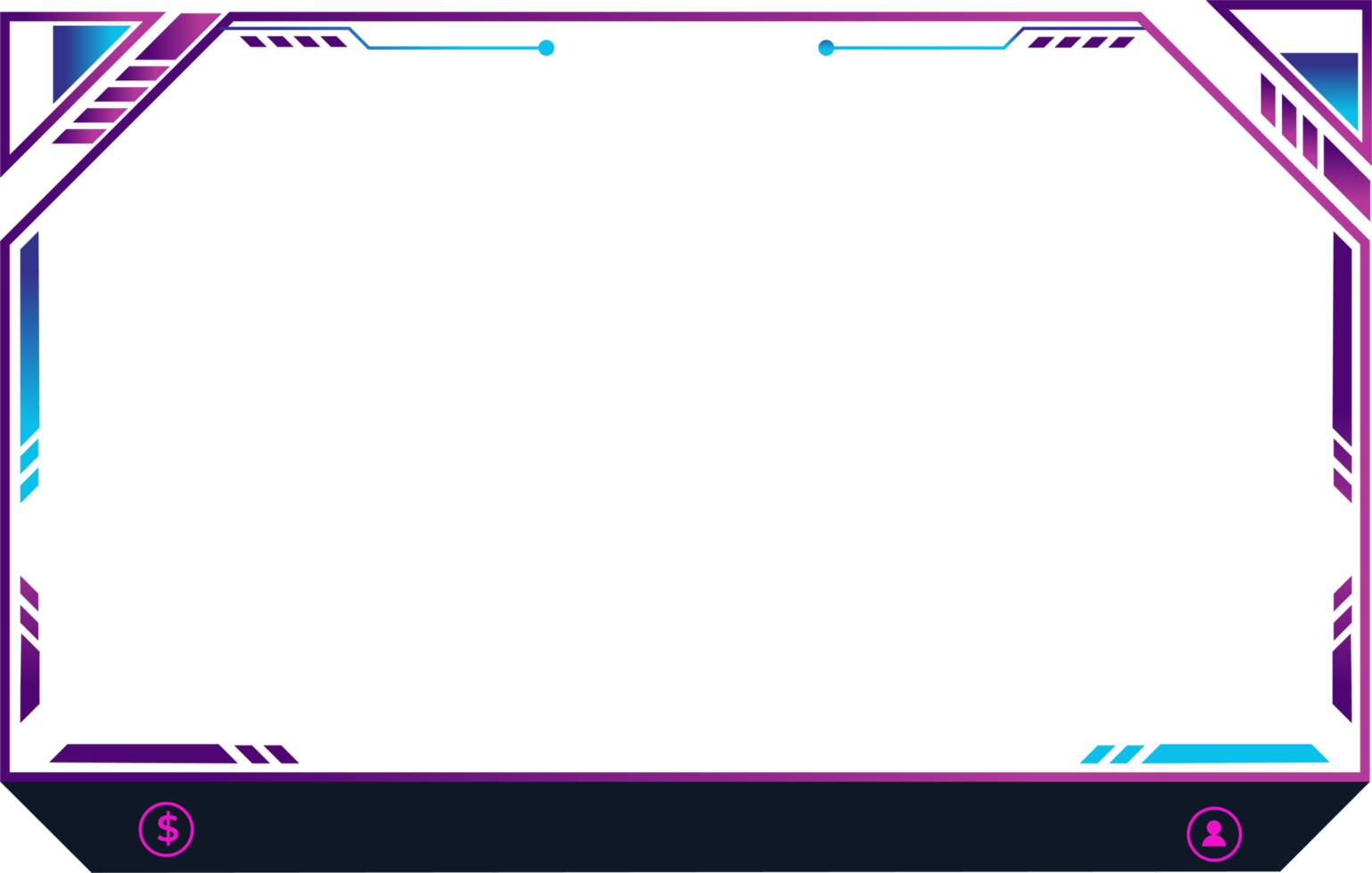 Digital online gaming overlay design with modern abstract shapes and transparent screen panels. Futuristic streaming overlay PNG for broadcast screens. Live gaming frame design with digital buttons.