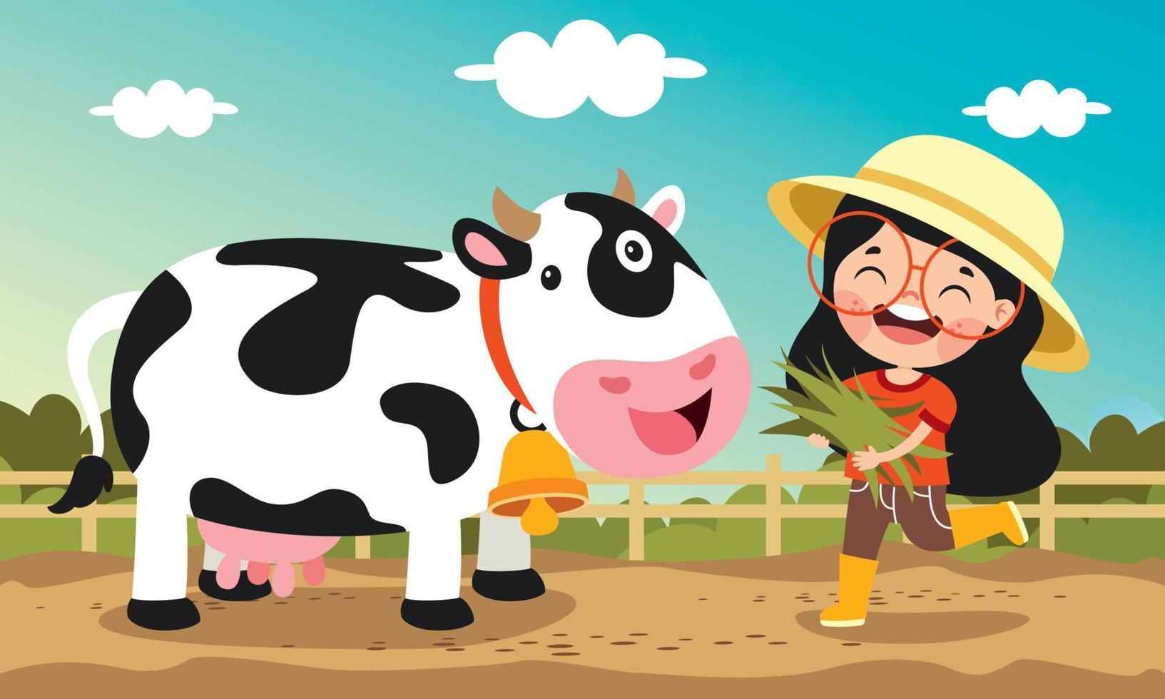 Cartoon Kid Feeding A Cow vector