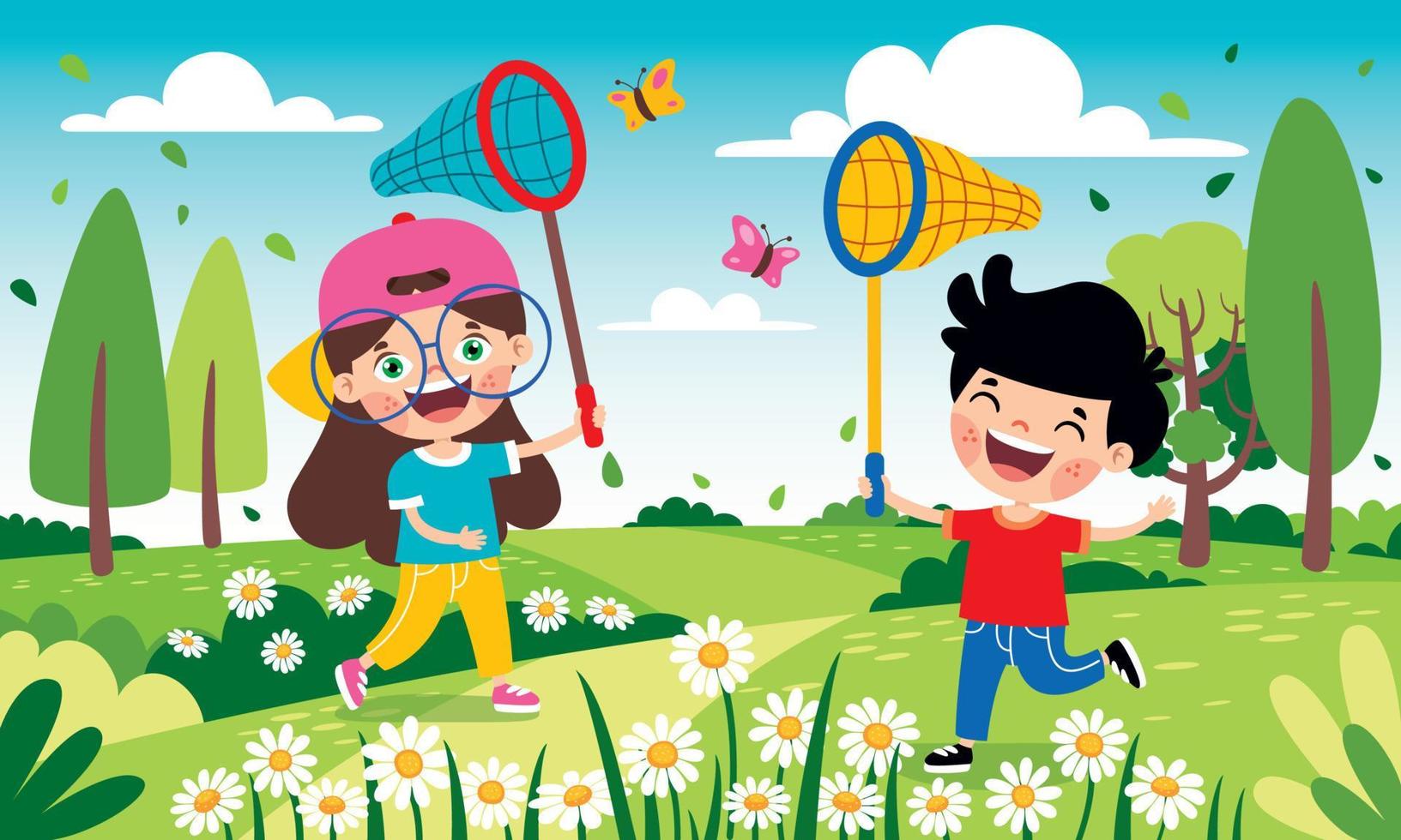 temporada de primavera con niños de dibujos animados vector