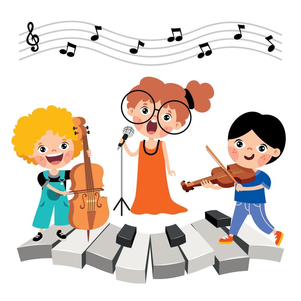 niños divertidos dibujos animados tocando música vector