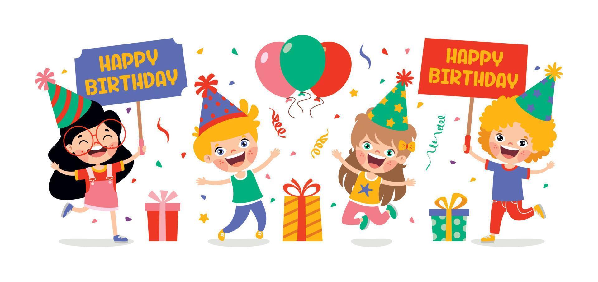 niños de dibujos animados celebrando la fiesta de cumpleaños vector