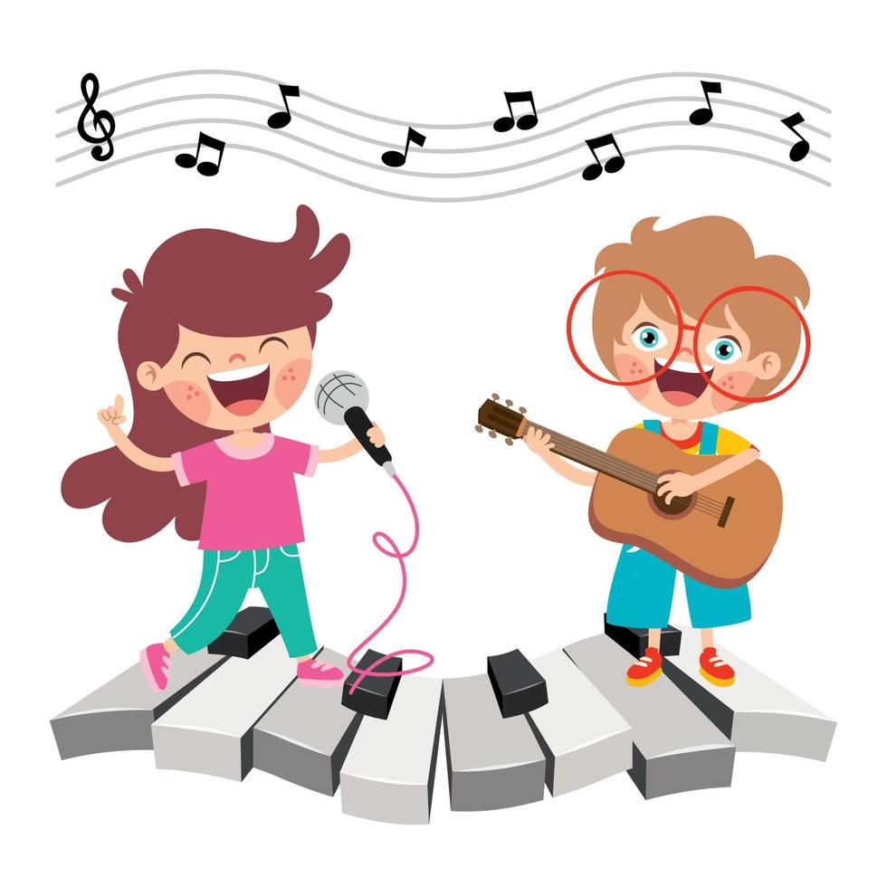 niños divertidos dibujos animados tocando música vector