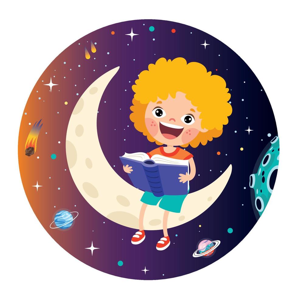 niño sentado en la luna y leyendo un libro vector