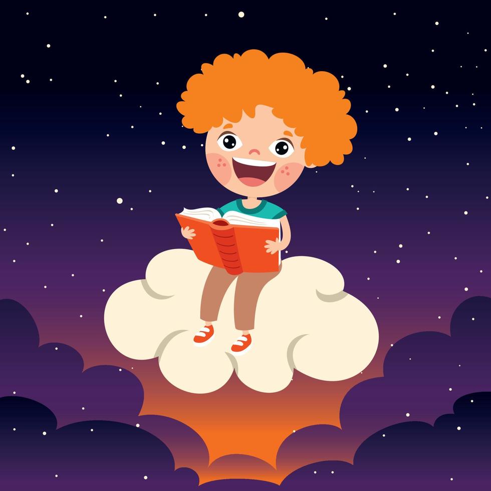 Kid Sitting On Cloud And Reading Book vector