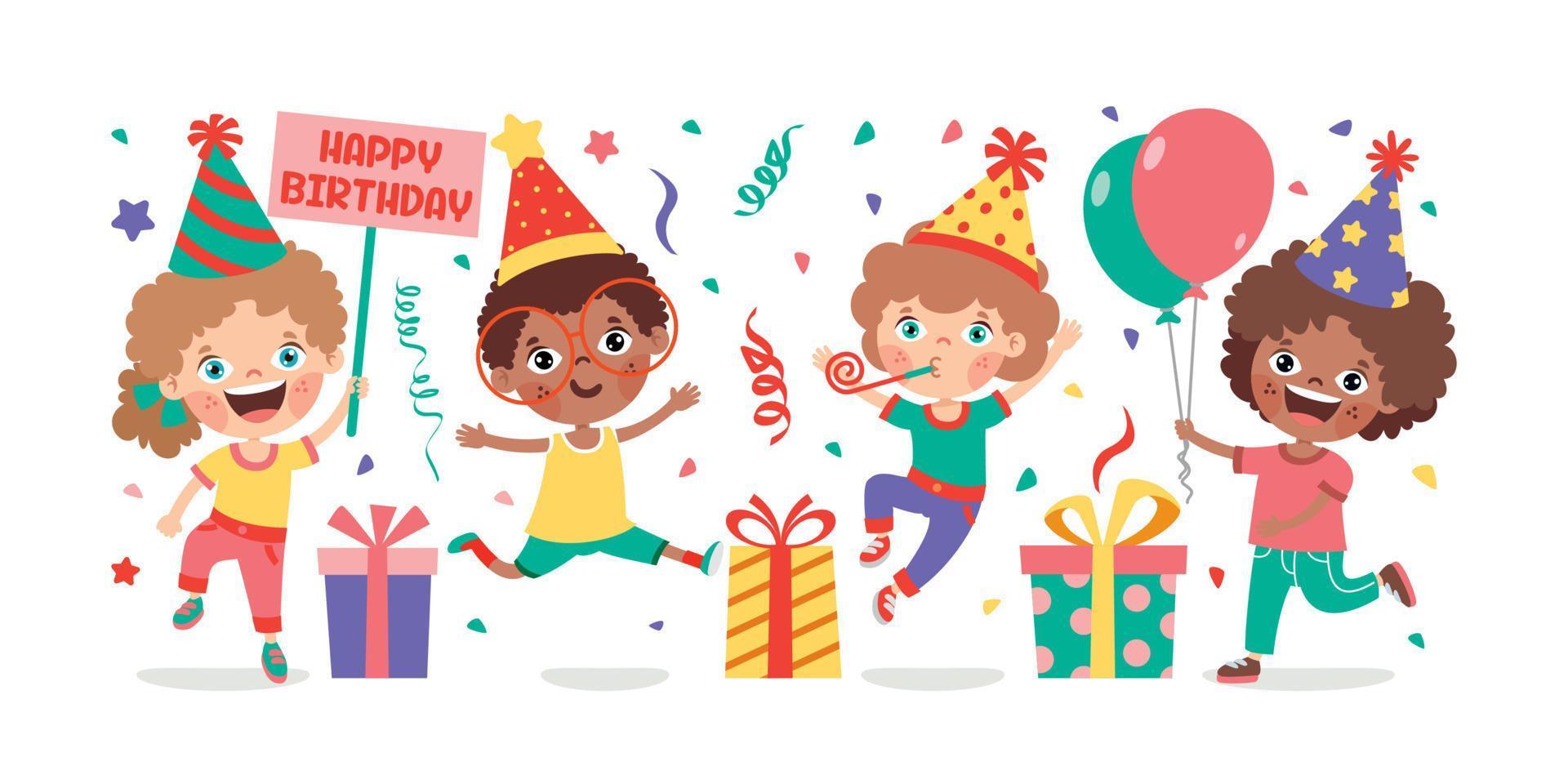niños de dibujos animados celebrando la fiesta de cumpleaños vector