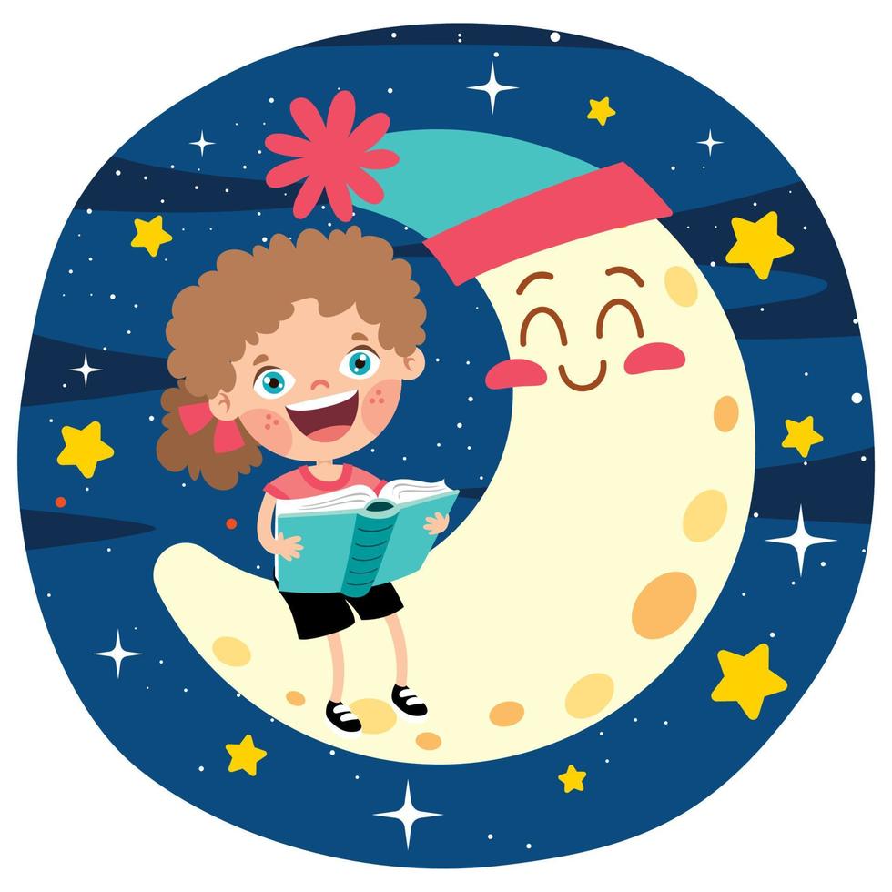 Kid Sitting On Moon And Reading Book vector