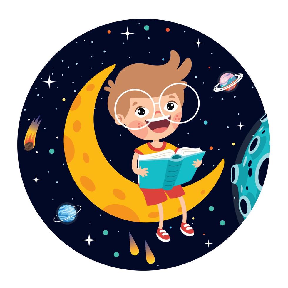 Kid Sitting On Moon And Reading Book vector