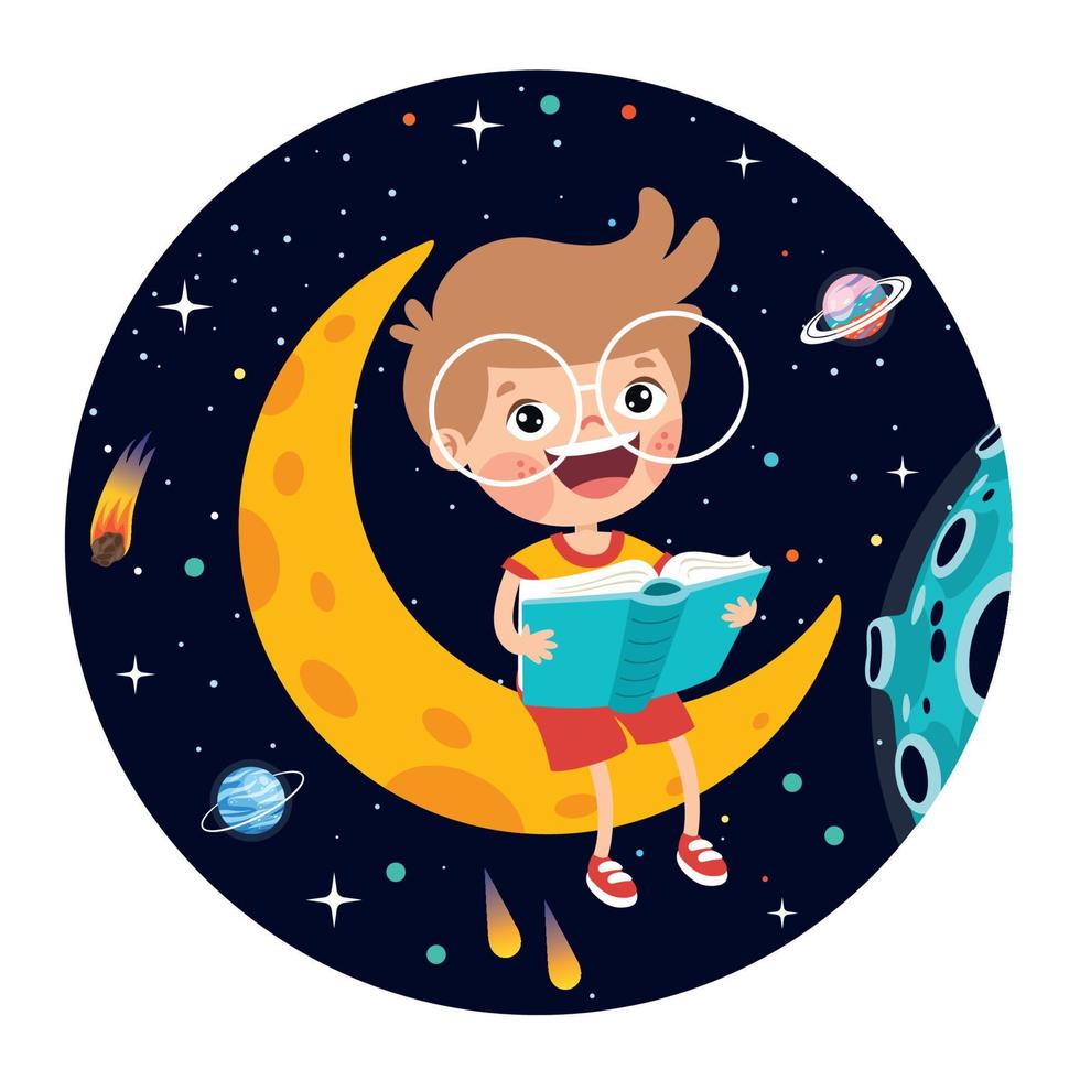 niño sentado en la luna y leyendo un libro vector