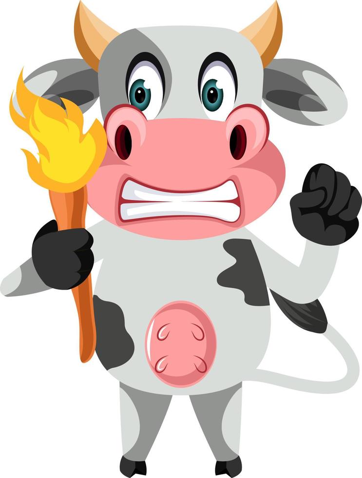 Vaca con antorcha, ilustración, vector sobre fondo blanco.
