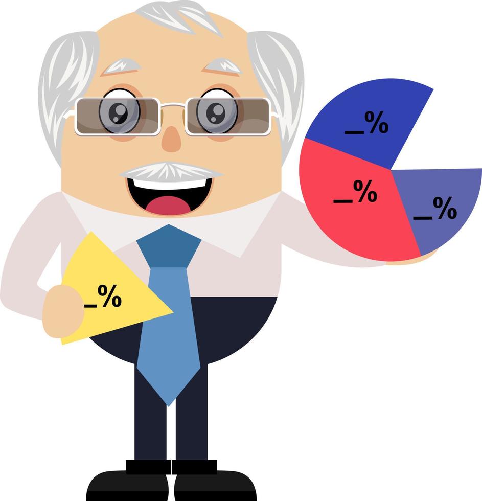 Old man with analytics, illustration, vector on white background.