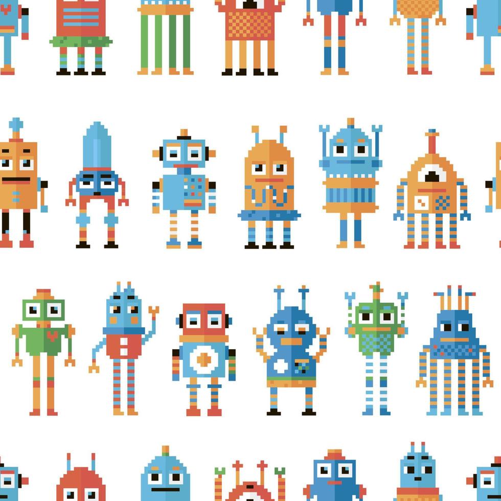 Seamless pattern with pixel robots. vector