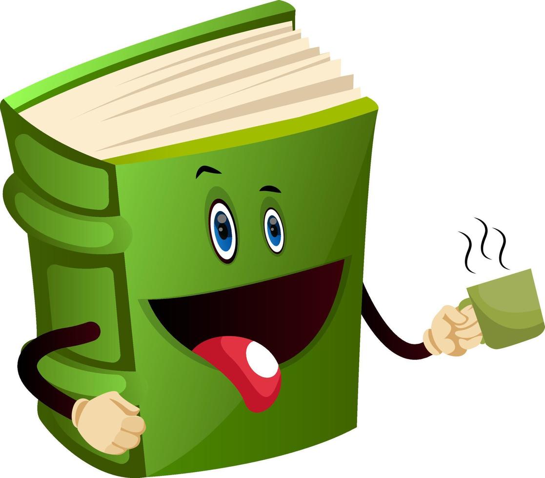 Cartoon book character is holding mug, illustration, vector on white background.
