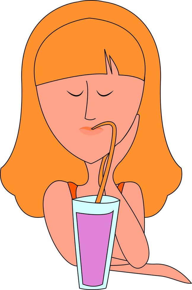 Chica bebiendo jugo, ilustración, vector sobre fondo blanco.