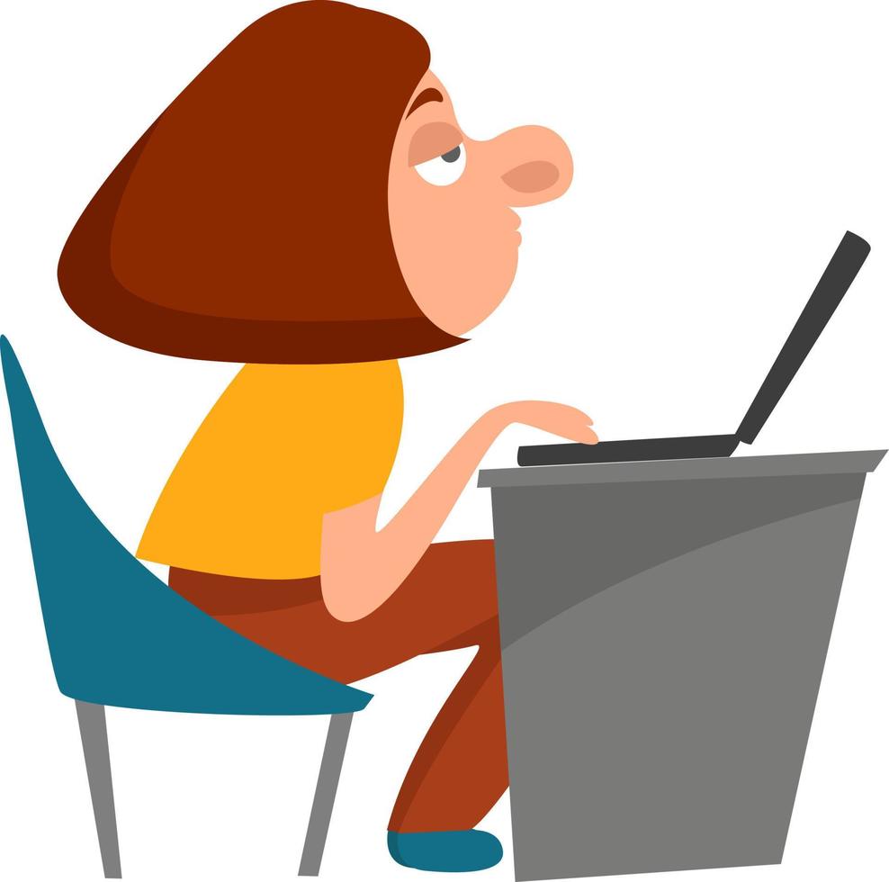 Girl working on laptop ,illustration, vector on white background