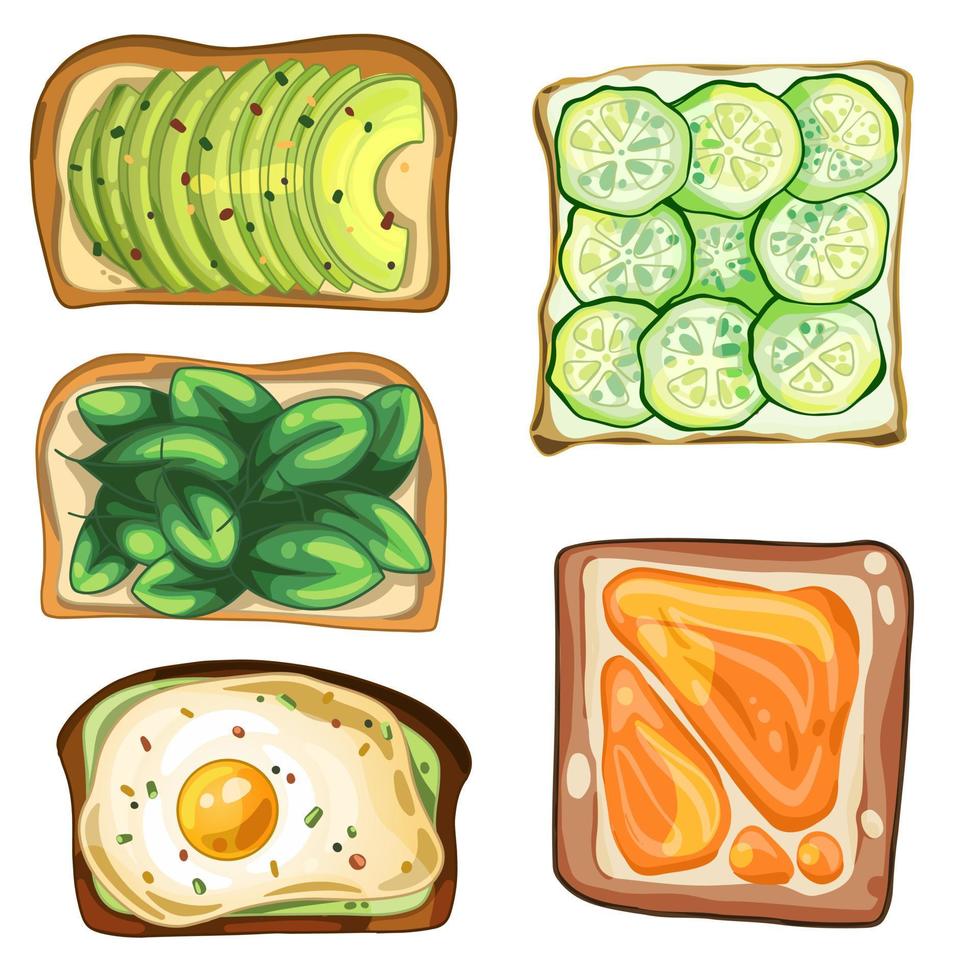 A set of toasts with different fillings.  Avocado, spinach, herbs, eggs, cucumber and fruit jam vector