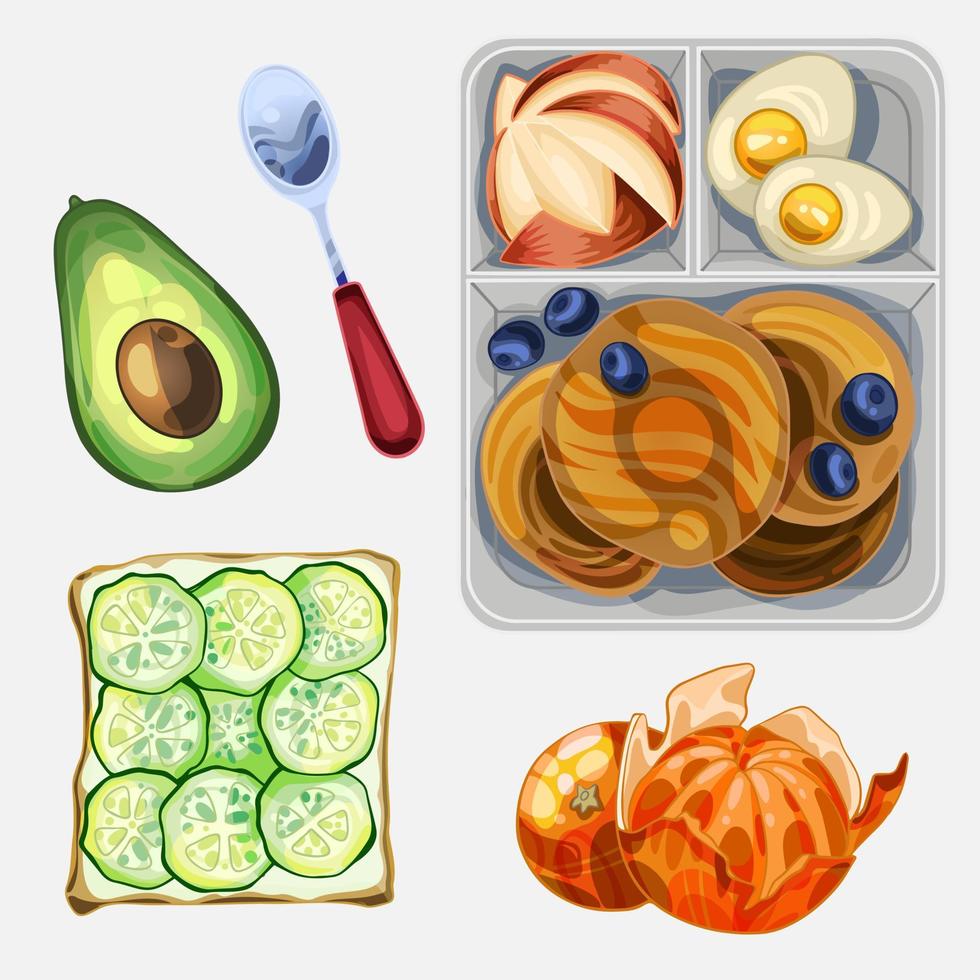 Lunch box with a healthy snack, including pancakes, apple, eggs and avocado. Toast with cucumber tangerine vector