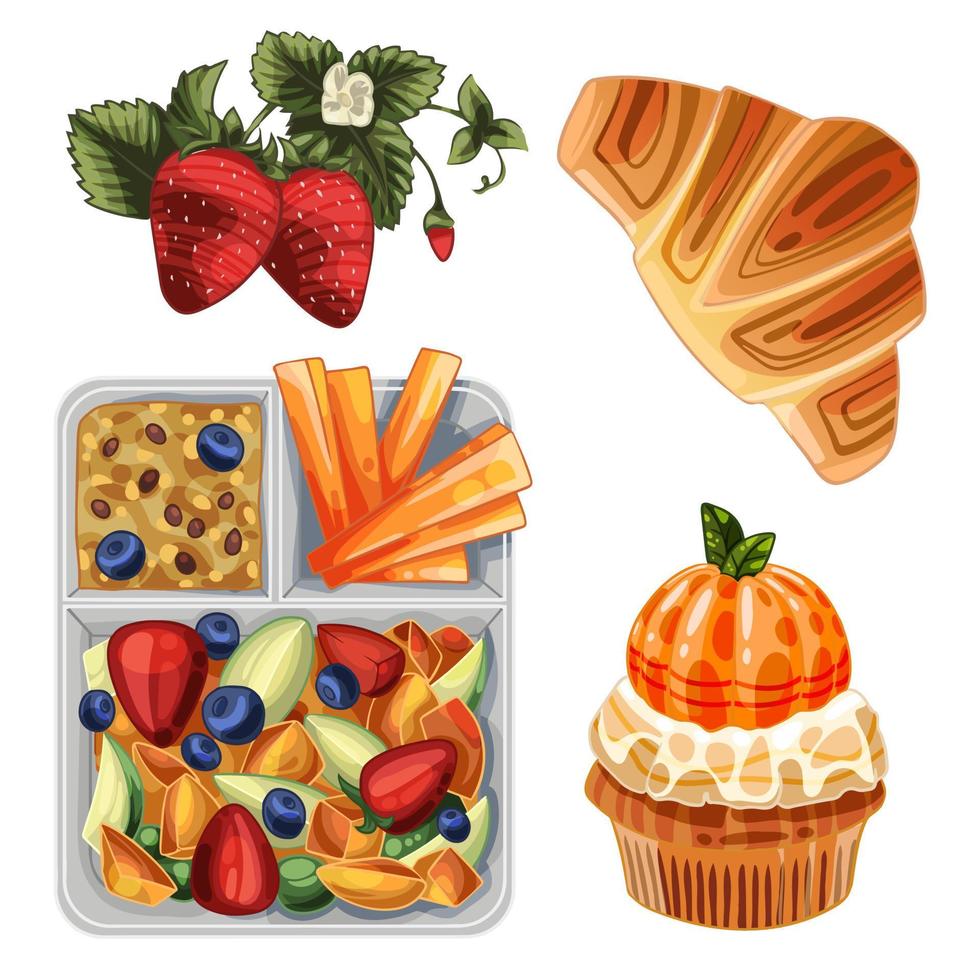 caja de almuerzo con un refrigerio saludable, que incluye frutas, avena y zanahorias. postre- croissant, fresa y cupcake vector