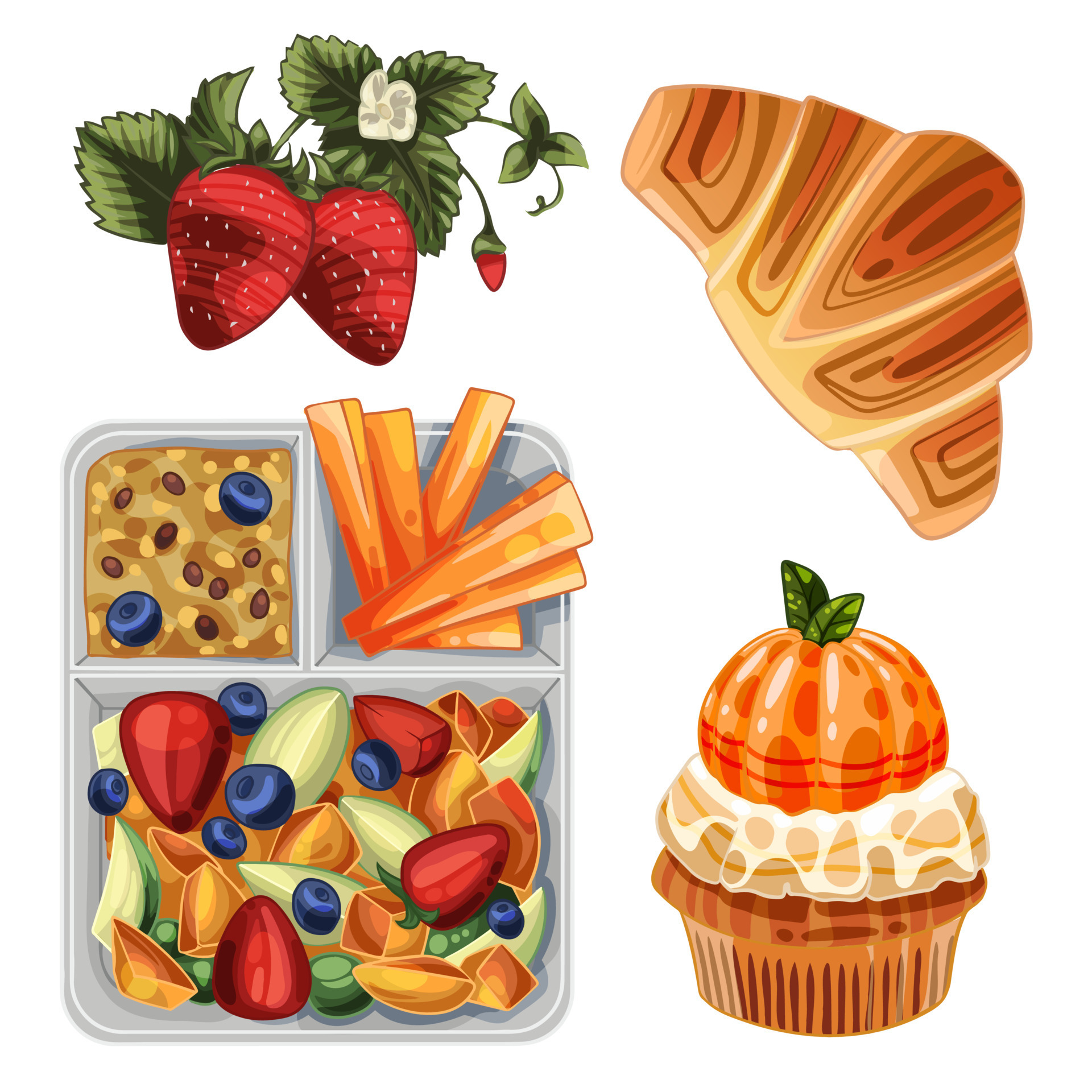 Lunch box with a healthy snack, including fruits, porridge and carrots
