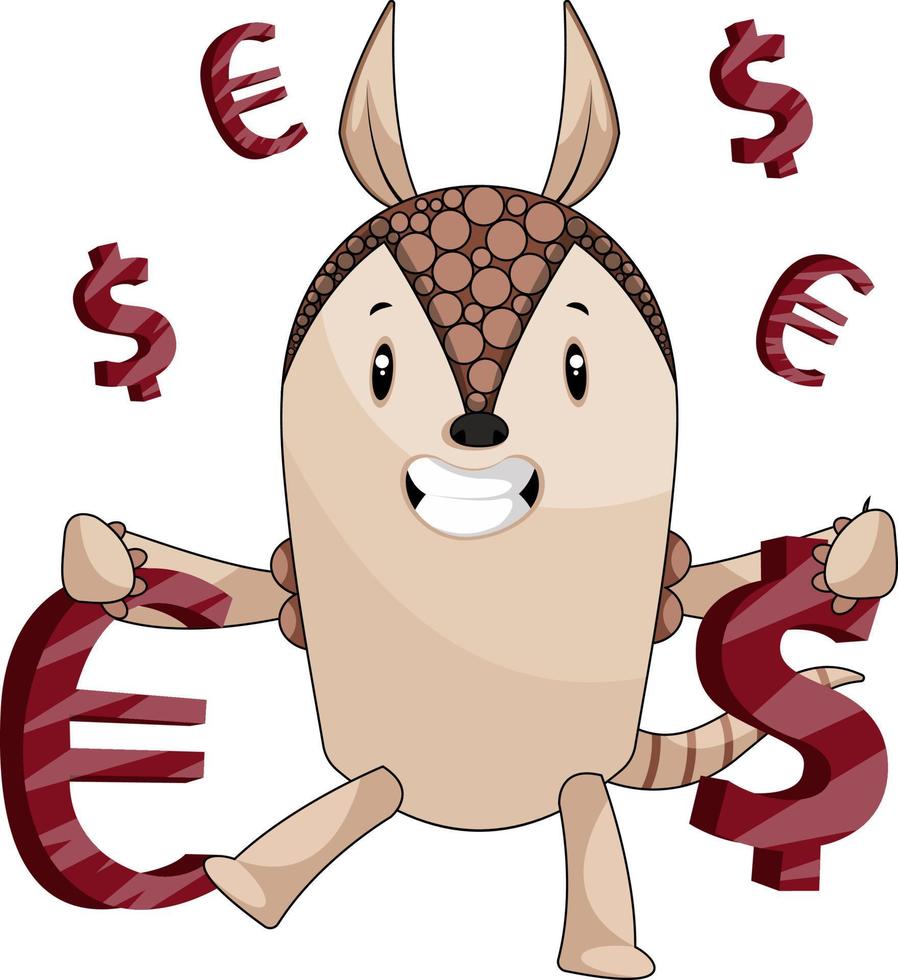 Armadillo with money sign, illustration, vector on white background.