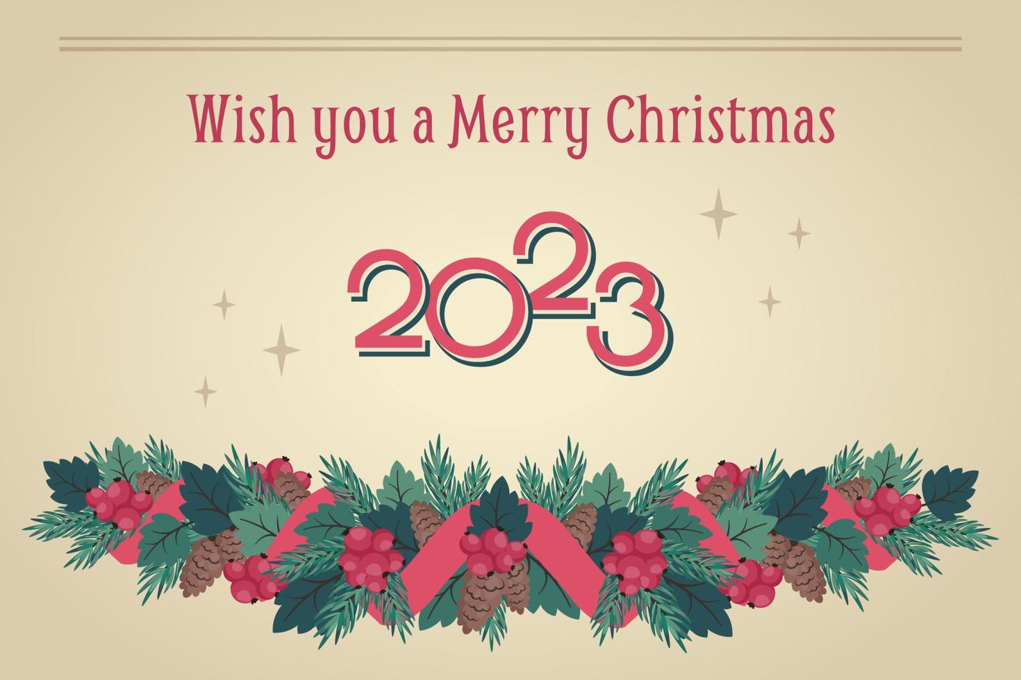 New Year banner. Horizontal Christmas greeting card with Christmas wreath, lettering, ribbon, frame. Vintage winter holiday background. Vector illustration for festive poster, invitation, flyer