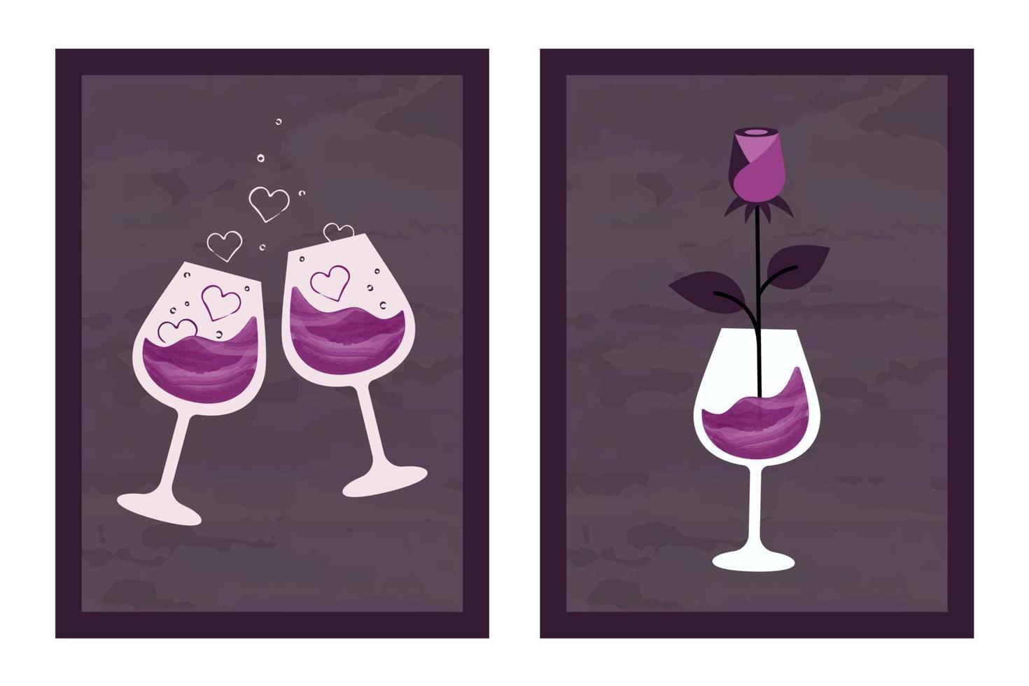 Set of elegant trendy cards with glass of wine, beautiful rose. Minimalistic modern compositions. Vector illustration for Valentine's Day, gift, romantic dinner, wedding, dating