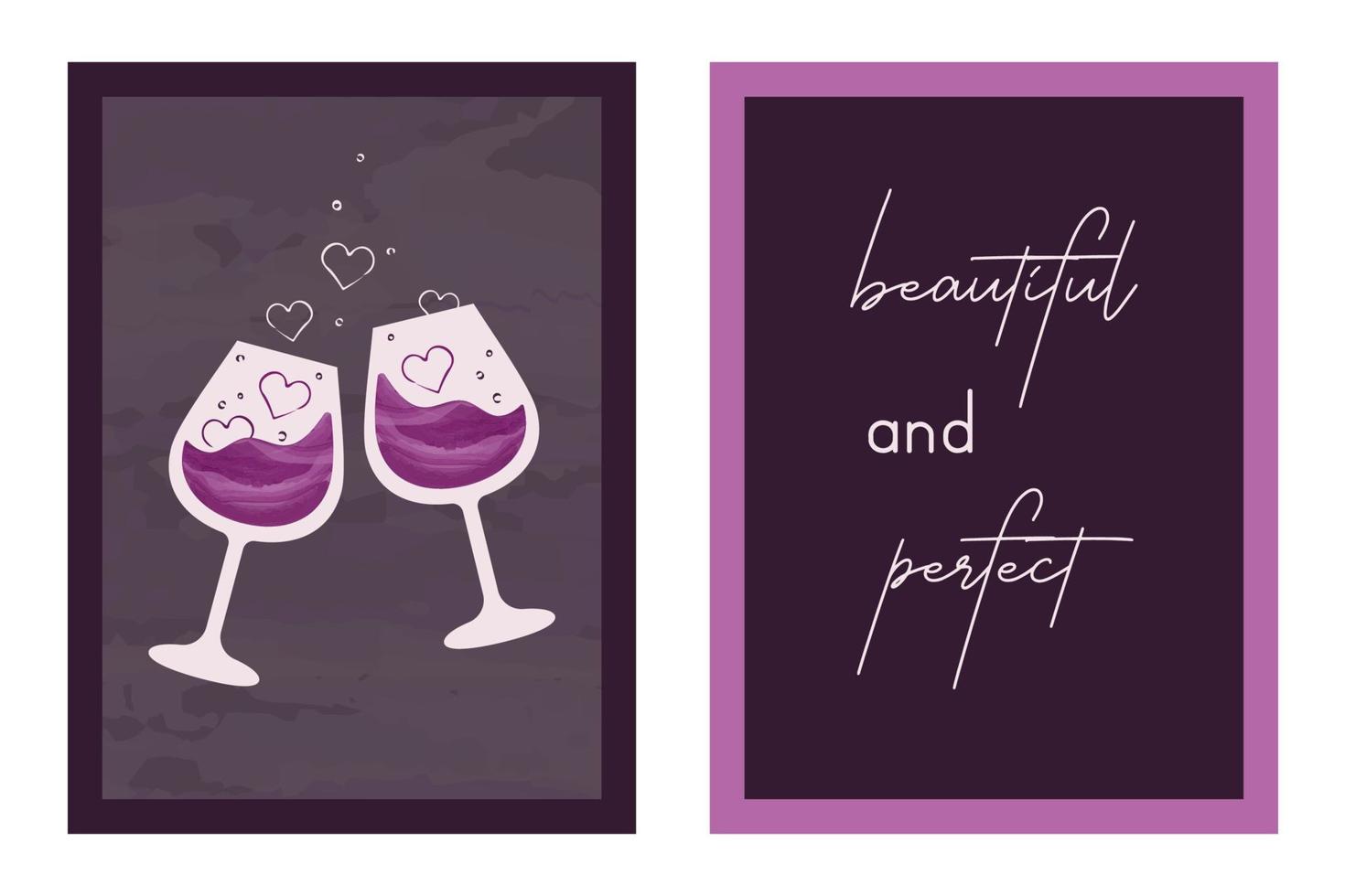 Collection of elegant trendy cards with glass of wine and many little hearts. Minimalistic modern compositions and lettering. Vector illustration for Valentine's Day, gift, romantic dinner, dating