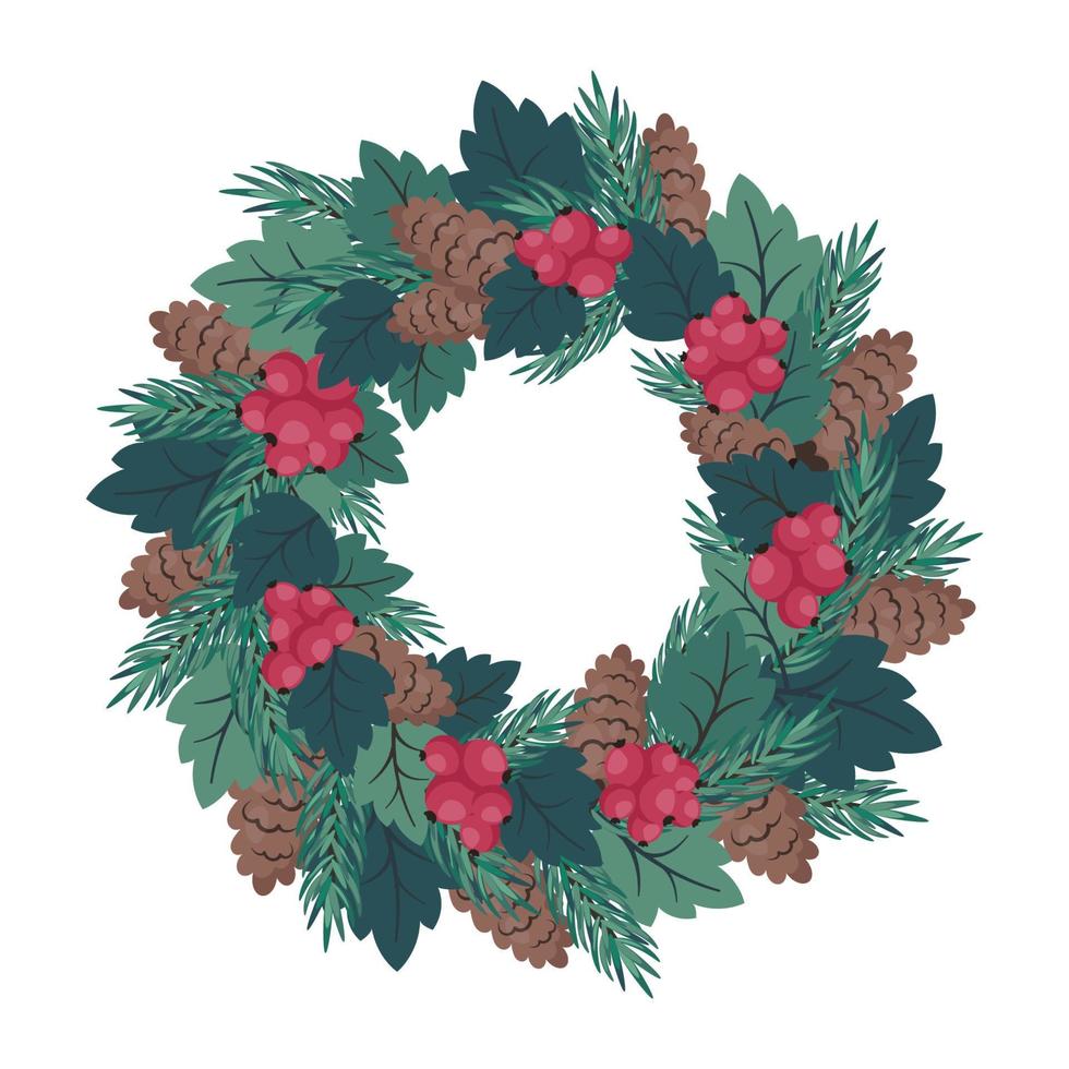 Round Christmas wreath of green spruce branches. Festive composition with fir cones, pine branches, holly leaves, berries. Vector illustration for New Year greeting card, invitation