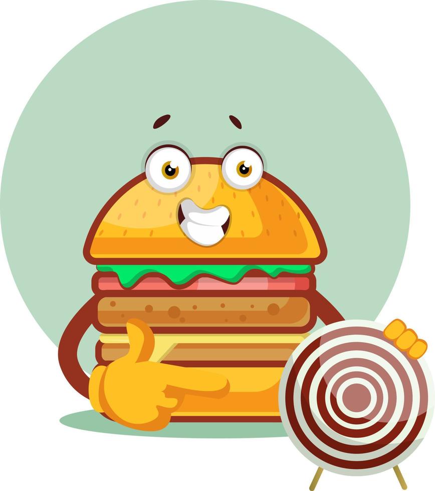 Burger is holding a target board, illustration, vector on white background.