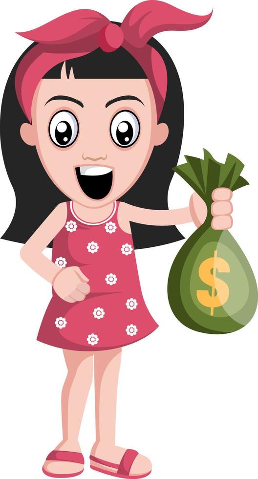 Girl with money bag, illustration, vector on white background.