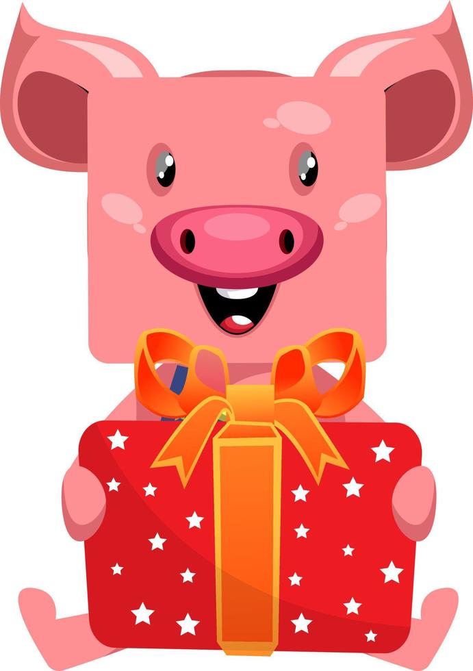 Pig with birthday present, illustration, vector on white background.