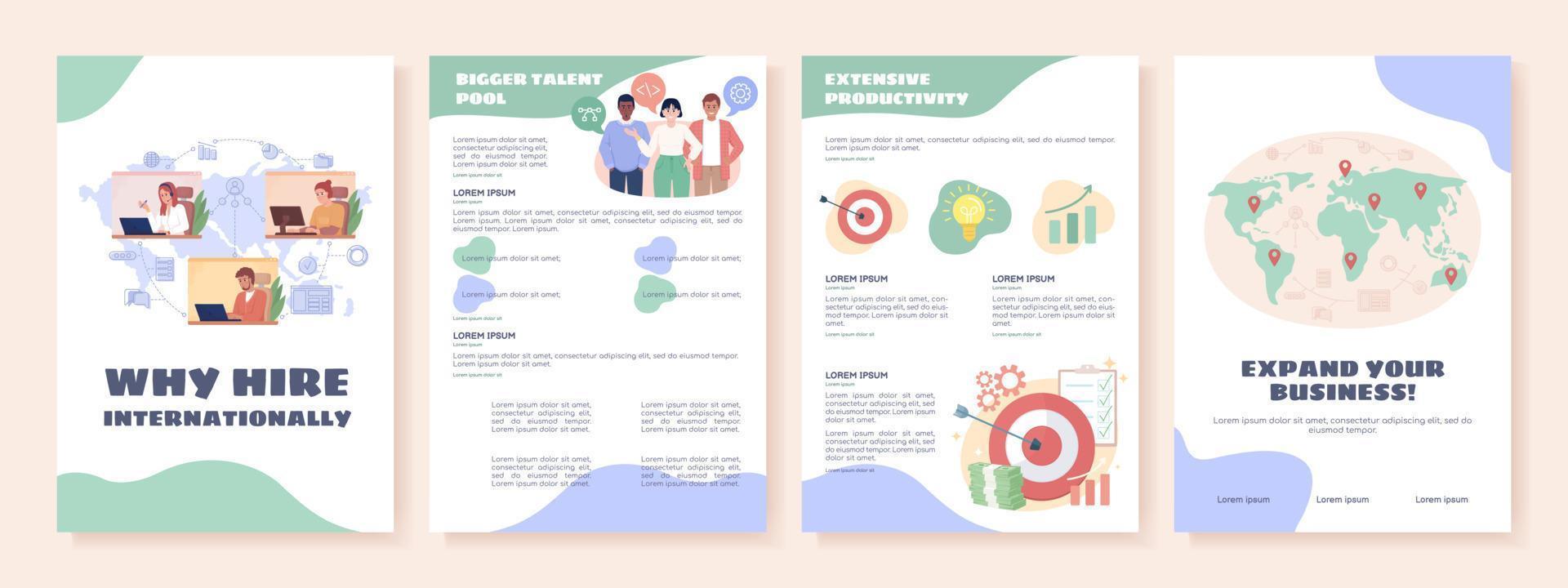 Why hire internationally flat vector brochure template. Booklet, leaflet printable flat color designs. Editable magazine page, reports kit with text space