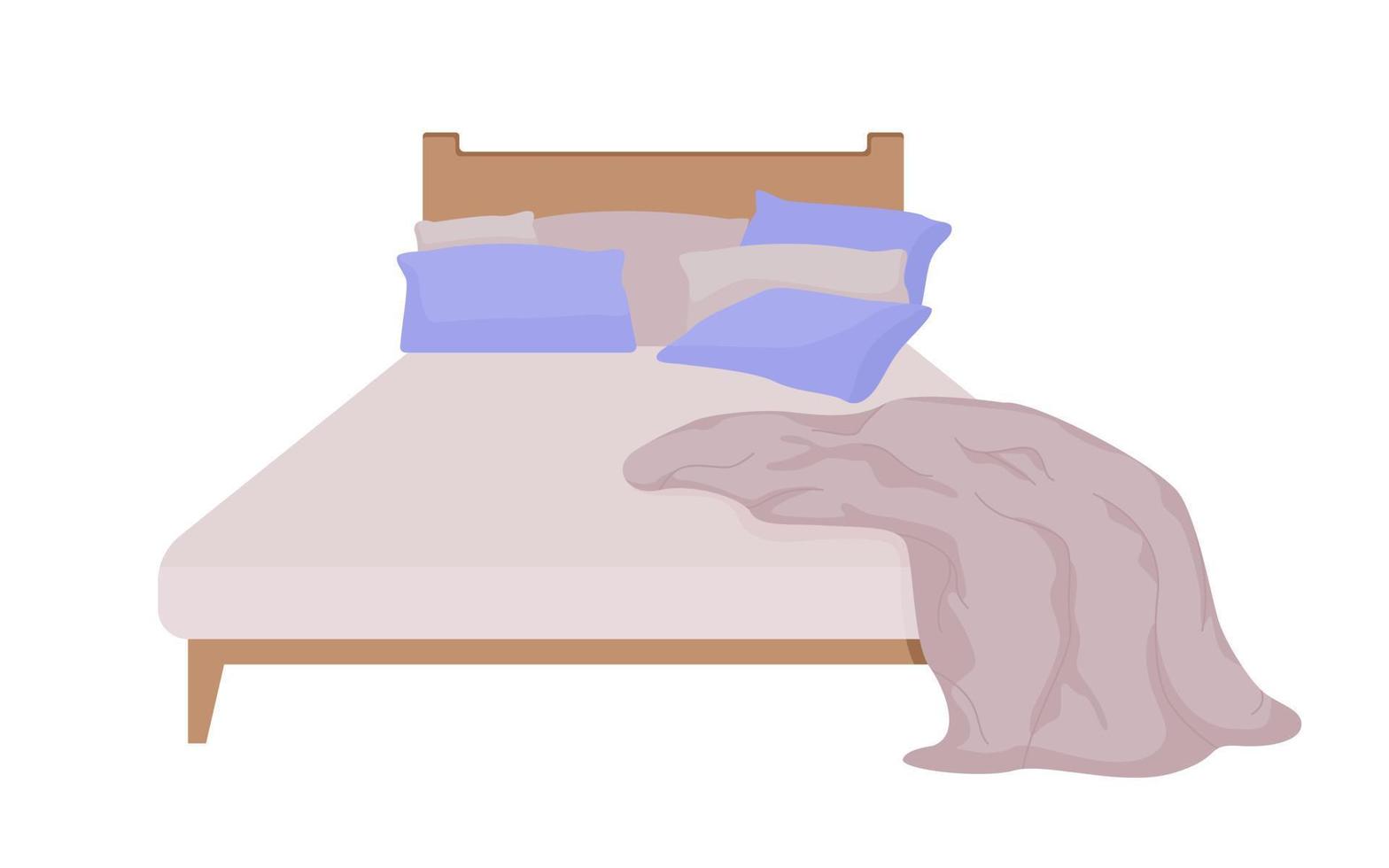Comfortable bed with pillows and plaid semi flat color vector object. Editable element. Full sized item on white. Bedtime simple cartoon style illustration for web graphic design and animation