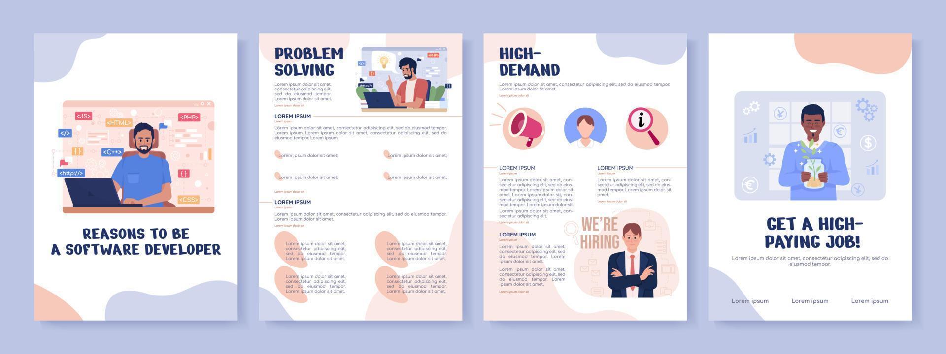 Reasons to be software developer flat vector brochure template. Booklet, leaflet printable flat color designs. Editable magazine page, reports with text space