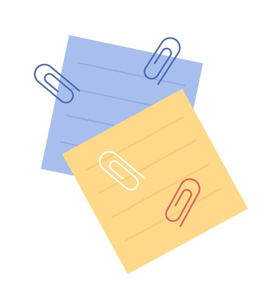 Paper clips and memo sheets semi flat color vector object. Office