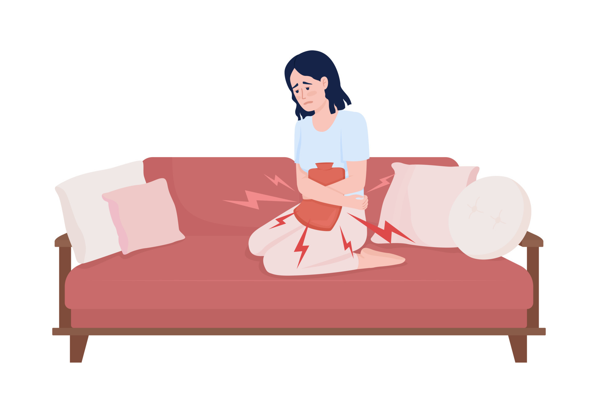 Lady suffering from menstrual pain semi flat color vector character