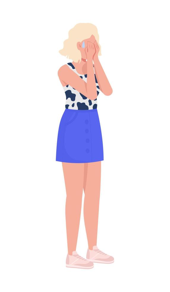 Upset woman closing face semi flat color vector character. Grief expression. Editable figure. Full body person on white. Simple cartoon style illustration for web graphic design and animation