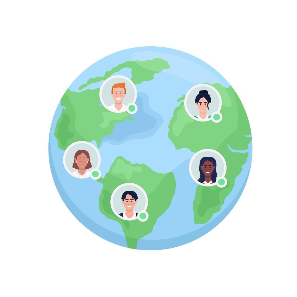 Overseas employees semi flat color vector element. International colleagues. Editable full sized object with icons on white. Simple cartoon style illustration for web graphic design and animation