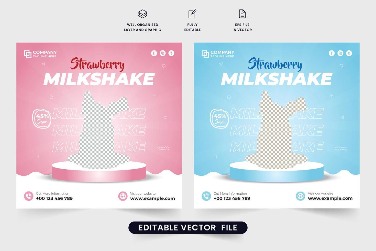 Strawberry milkshake social media post vector with pink and blue backgrounds. Cafe and juice bar promotion template design for marketing. Beverage advertisement poster vector with podiums.