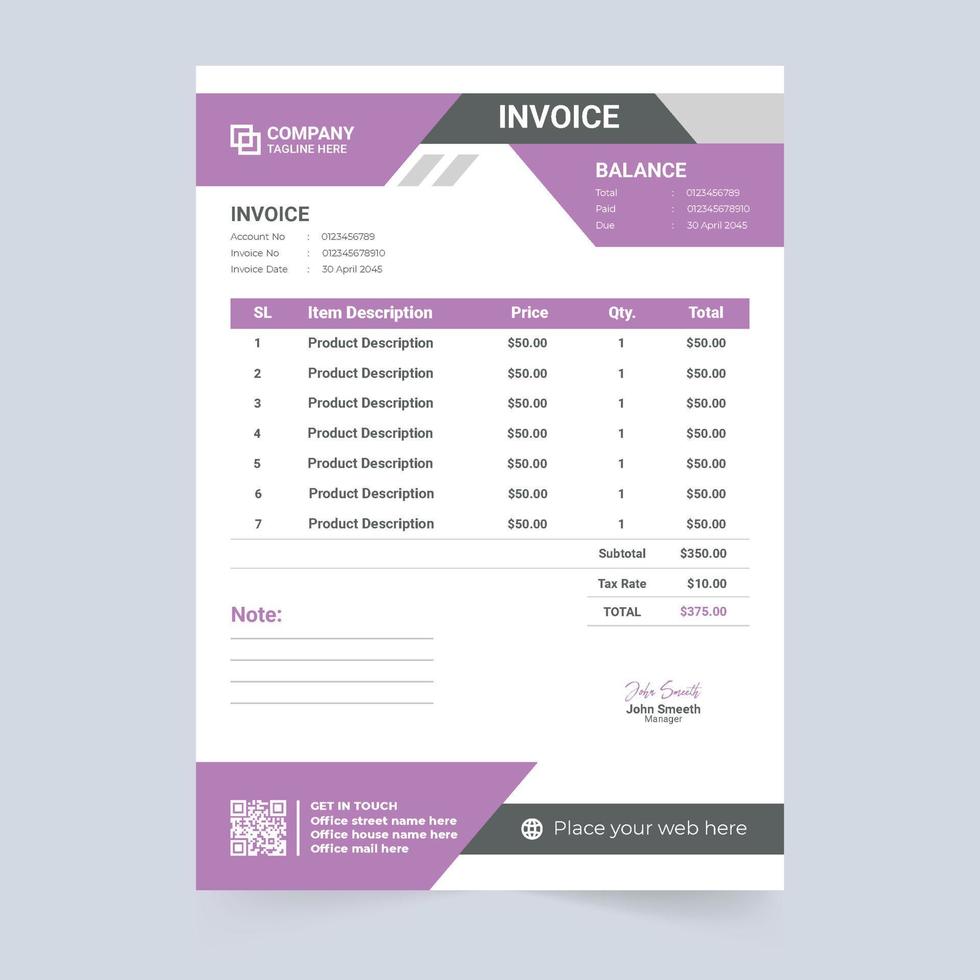 Digital invoice template decoration with purple and light green colors. Business invoice template with product description section. Creative invoice template and price receipt vector. vector