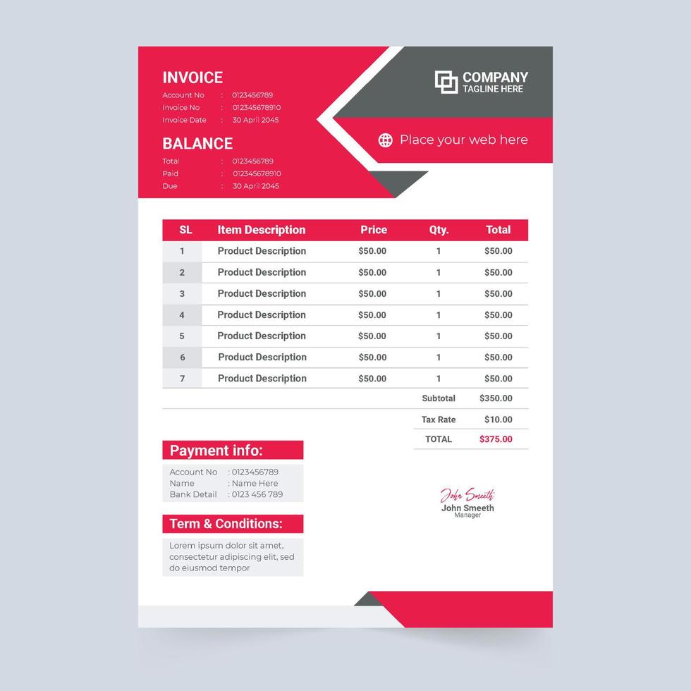 Payment agreement and invoice bill template vector with red and green colors. Business product info tracker and cash receipt design. Minimal invoice template decoration with modern shapes.