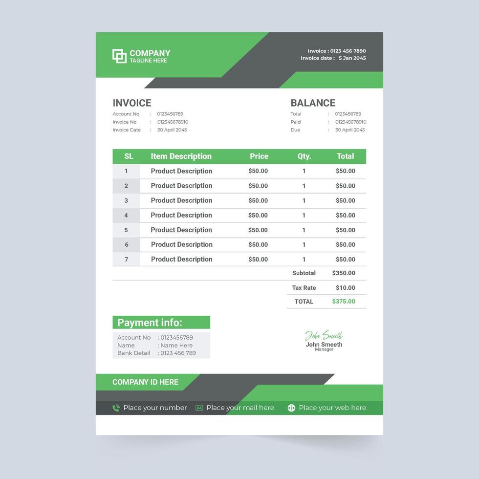 Creative payment receipt template vector with green and yellow colors. Corporate invoice and cash receipt template decoration. Payment and bill receipt invoice for business.