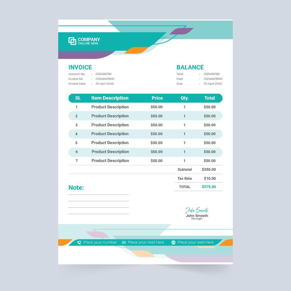 Invoice template vector with minimalist decoration for business. Corporate business invoice design with colorful digital shapes. Creative invoice template and price receipt vector.