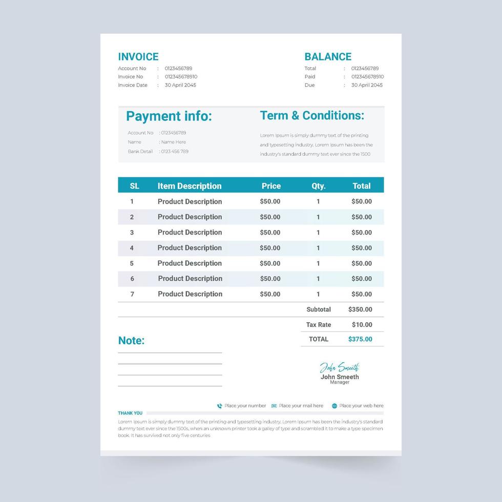 Modern minimal invoice template decoration with business info section. Payment receipt and invoice bill template with yellow and blue colors. Product buy and sell info tracker and cash receipt vector. vector