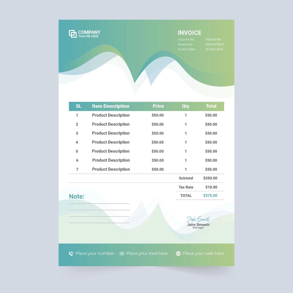 decoración moderna de facturas comerciales con secciones de precios e información comercial. diseño de plantilla de factura comercial con formas abstractas. factura creativa con vector de recibo de acuerdo de pago.