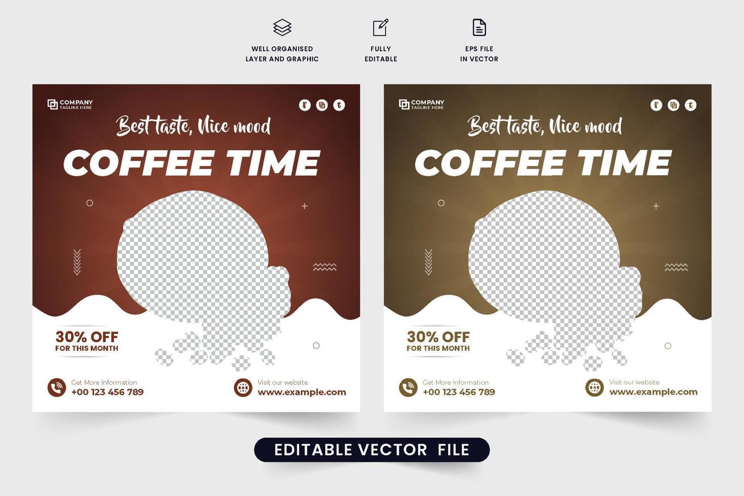 Beverage promotional template design with chocolate color backgrounds. Coffee advertisement poster vector with abstract shapes. Coffee shop social media post design for digital marketing.