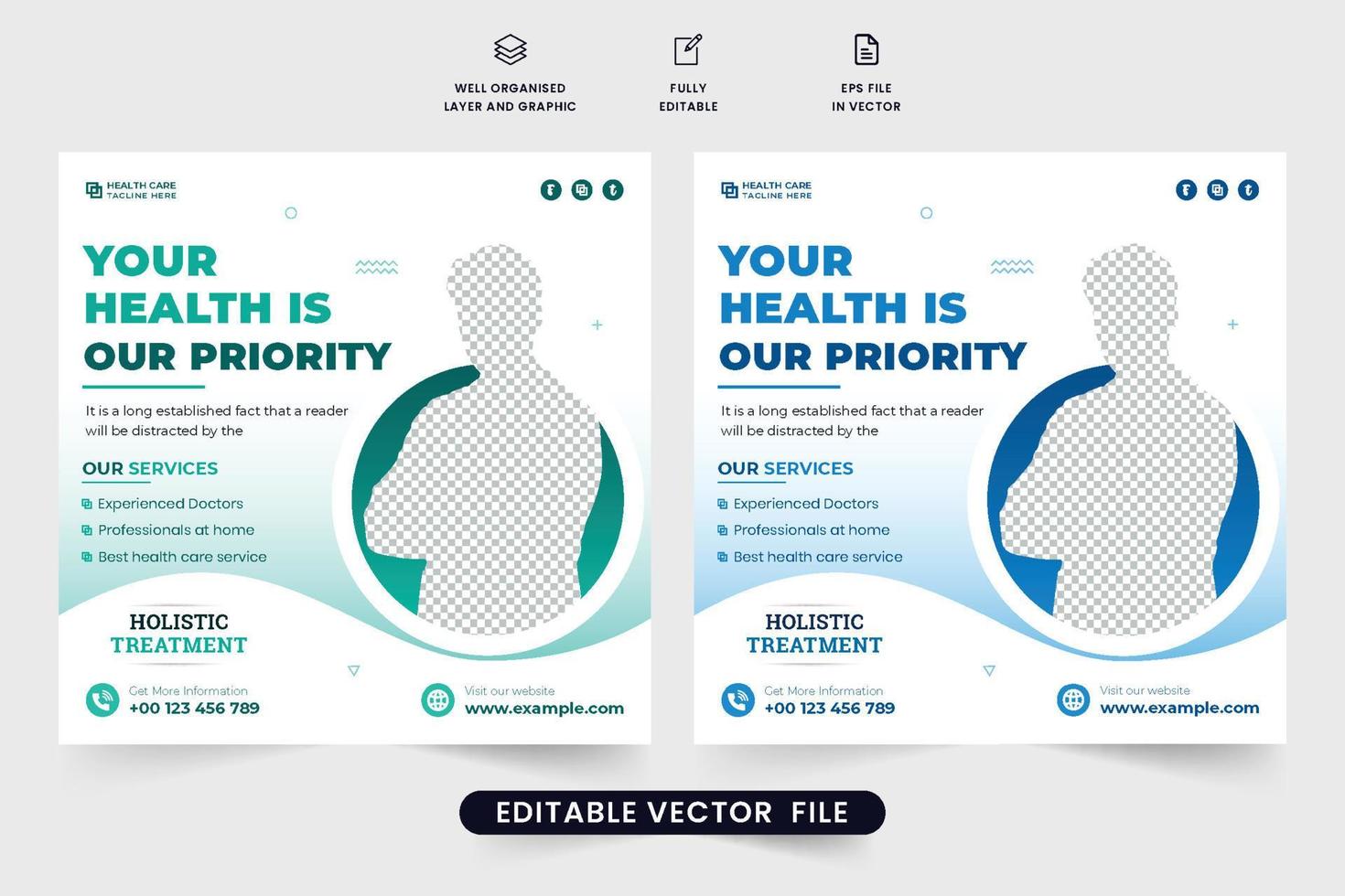 Medical service social media post vector with green and blue colors. Health care service promotional template vector for clinics and hospitals. Health care template design with photo placeholers.